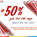Mobifone khuyến mãi cục bộ tặng 50% thẻ nạp ngày 25/2/2017